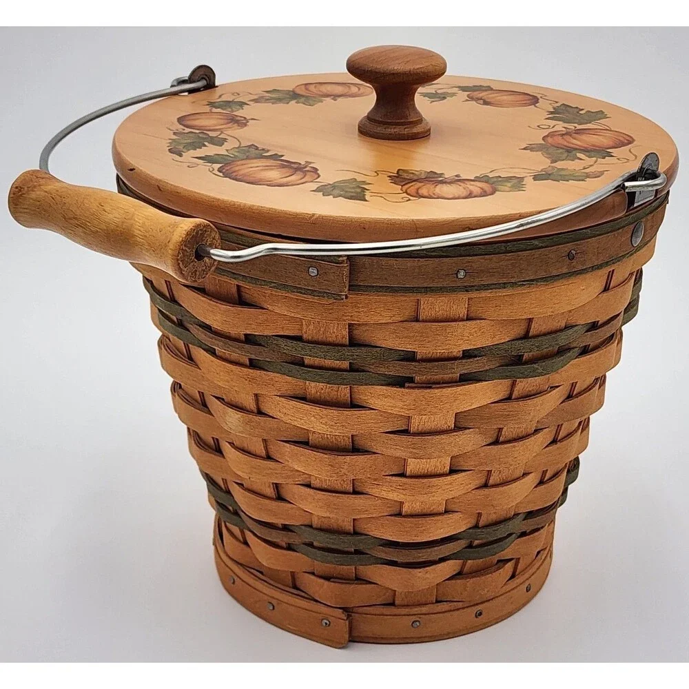 *SIGNED* '02 Longaberger Sage Autumn Round Pail Basket w/Handle, Protector & Lid
